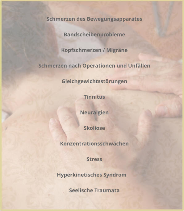 Schmerzen des Bewegungsapparates      Bandscheibenprobleme      Kopfschmerzen / Migr�ne      Schmerzen nach Operationen und Unf�llen      Gleichgewichtsst�rungen      Tinnitus      Neuralgien      Skoliose      Konzentrationsschw�chen      Stress      Hyperkinetisches Syndrom      Seelische Traumata